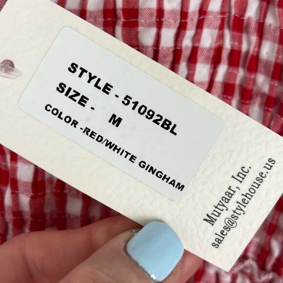 Sim & Sam Women's Top Red Gingham Strappy Crop Ruffle Smocked Summer Medium NWT - Picture 5 of 7